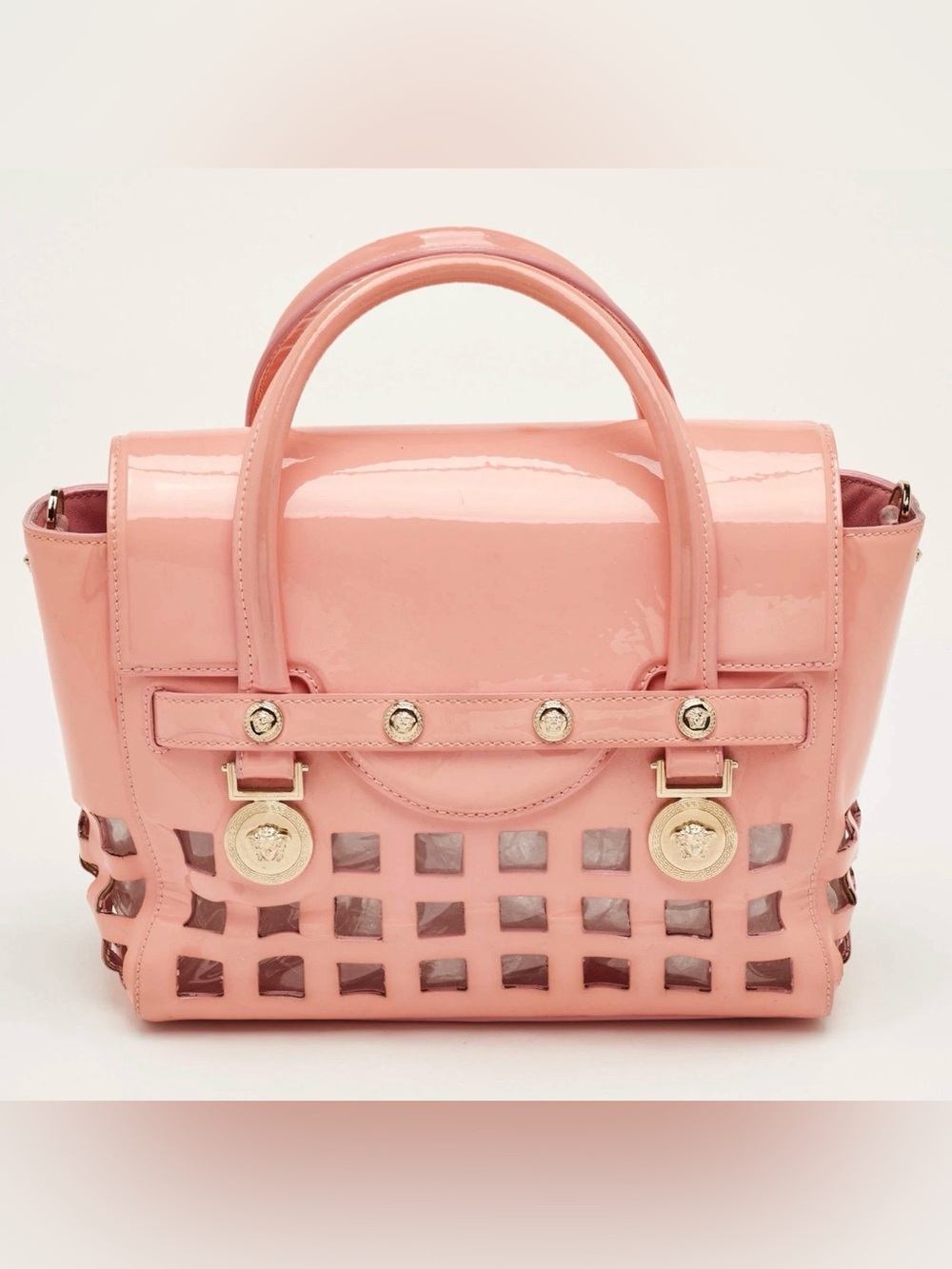 Versace Pink Patent Leather Medusa Cutout Satchel Crossbody Bag Golden Hardware - Picture 5 of 16